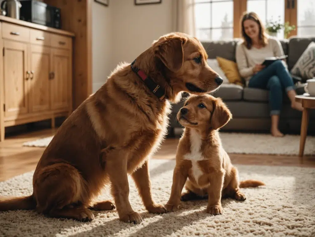 Golden retriever and puppy sitting on rug, woman reading on sofa in background. Early puppy training concept.